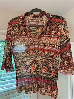 Essentials by Milano Red Black Cream Patterned Boho Blouse